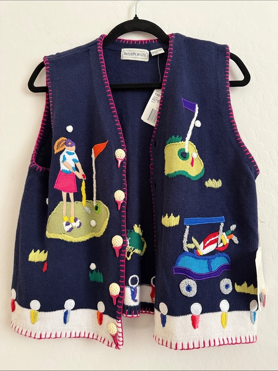 Bellepointe Jackets & Blazers - BellePonte Navy Golf Themed Embroidered Vest with Pink Trim Sz M